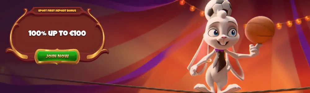 Banner bonus sportivo Magius con un personaggio coniglio e offerta di match al 100%